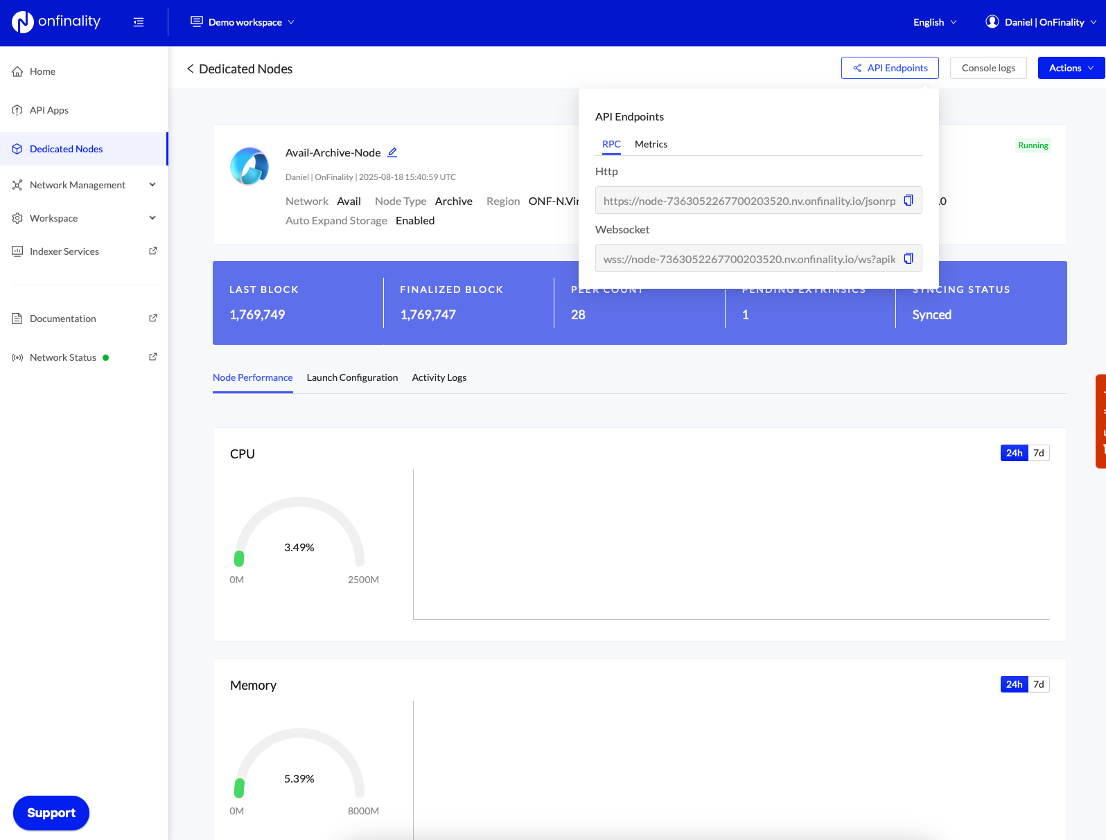 Deploy Avail Node with OnFinality - Get API Endpoints